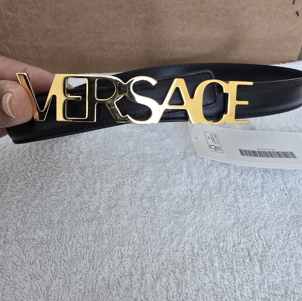 Versace Women's Belt in Black with Gold Logo